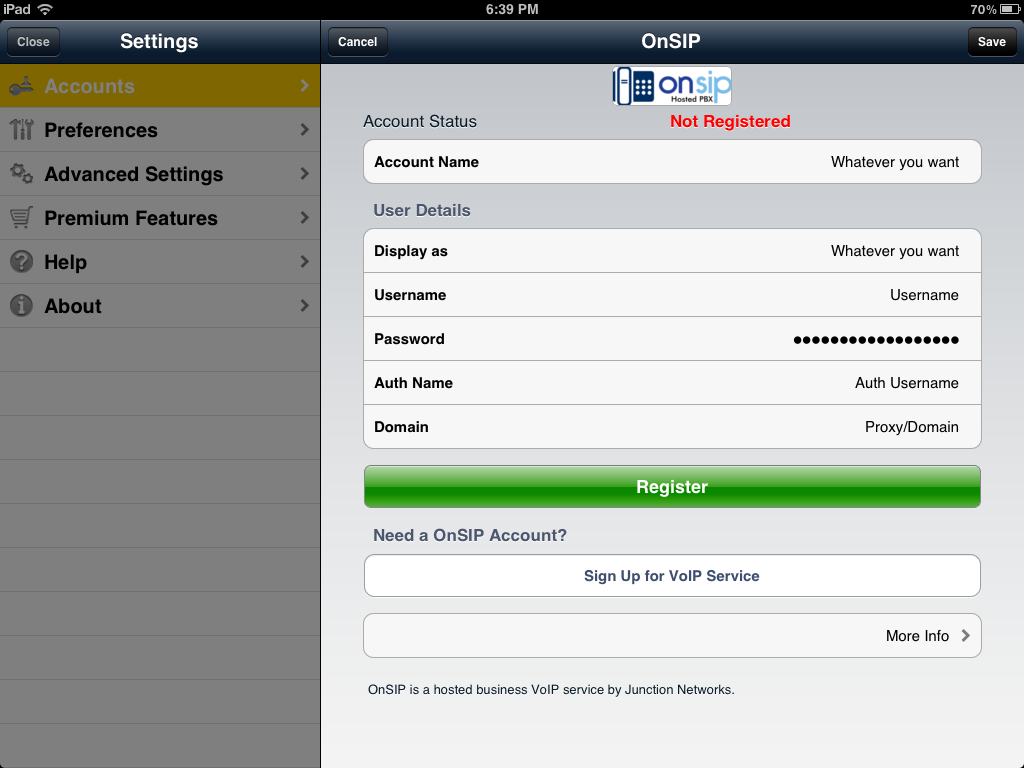 Bria for iPad SIP account