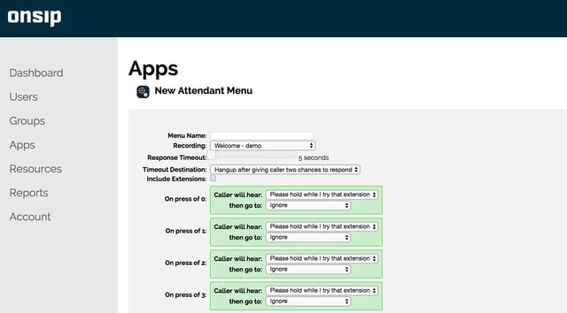 OnSIP Admin Portal Auto Attendant