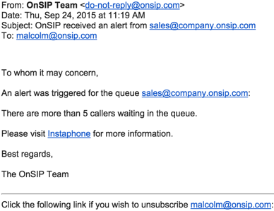 Queue Alert email example