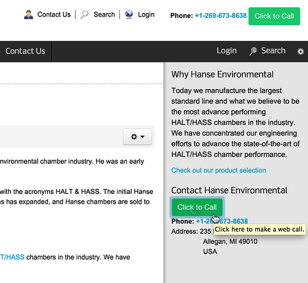 OnSIP's InstaCall button on the Hanse Environmental website