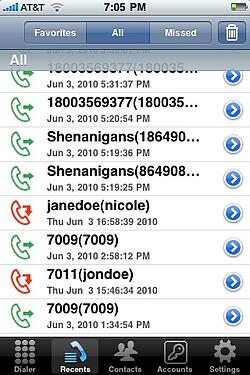 iSIP calls list