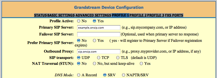 Grandstream GXW profile 1 setting