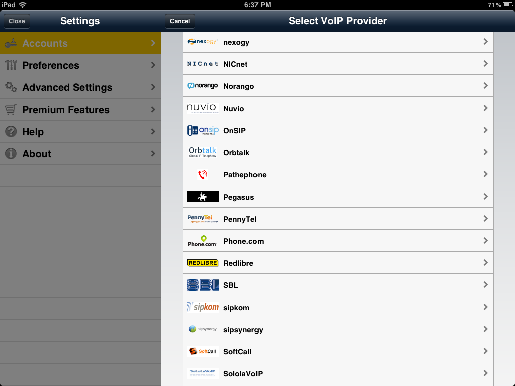 Bria for iPad preconfigured providers