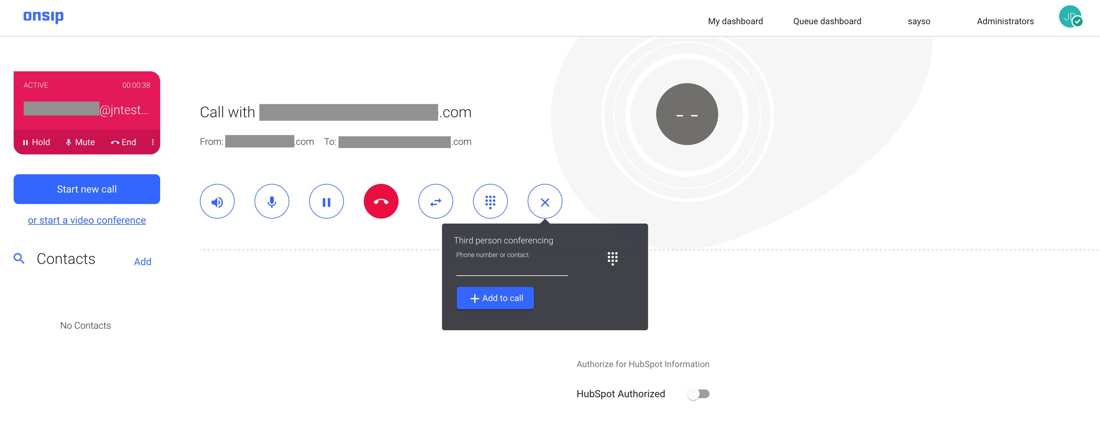 Screenshot of a three way call in the OnSIP web app.