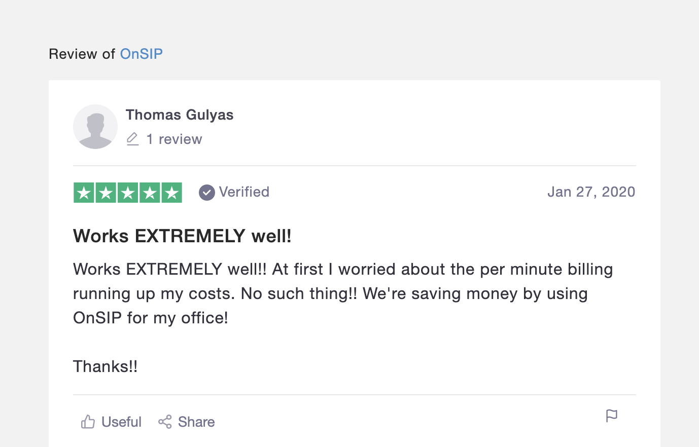 Screenshot of OnSIP Trustpilot review on per-minute pricing.