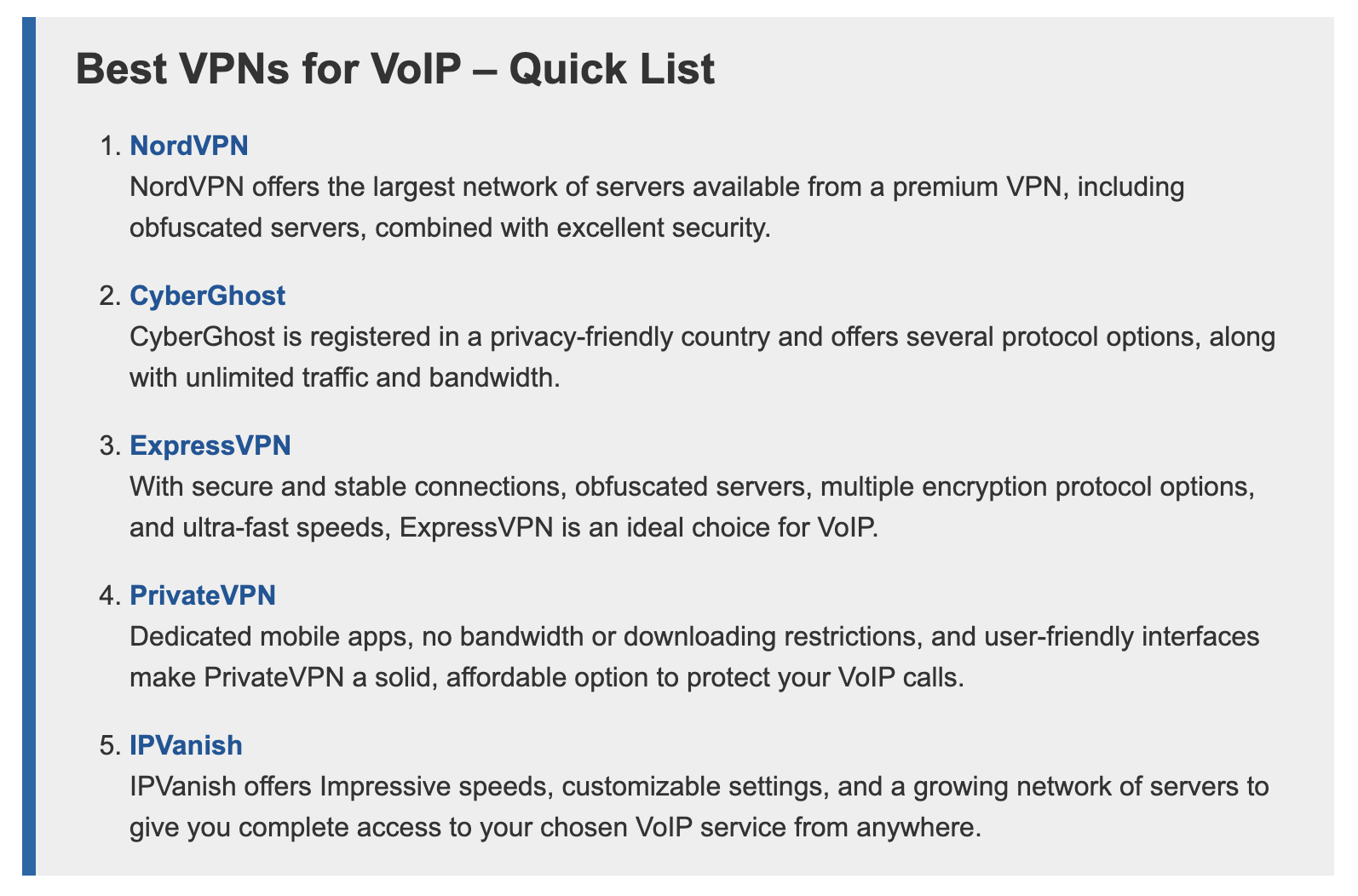 Screenshot of top VPN choices for VoIP.