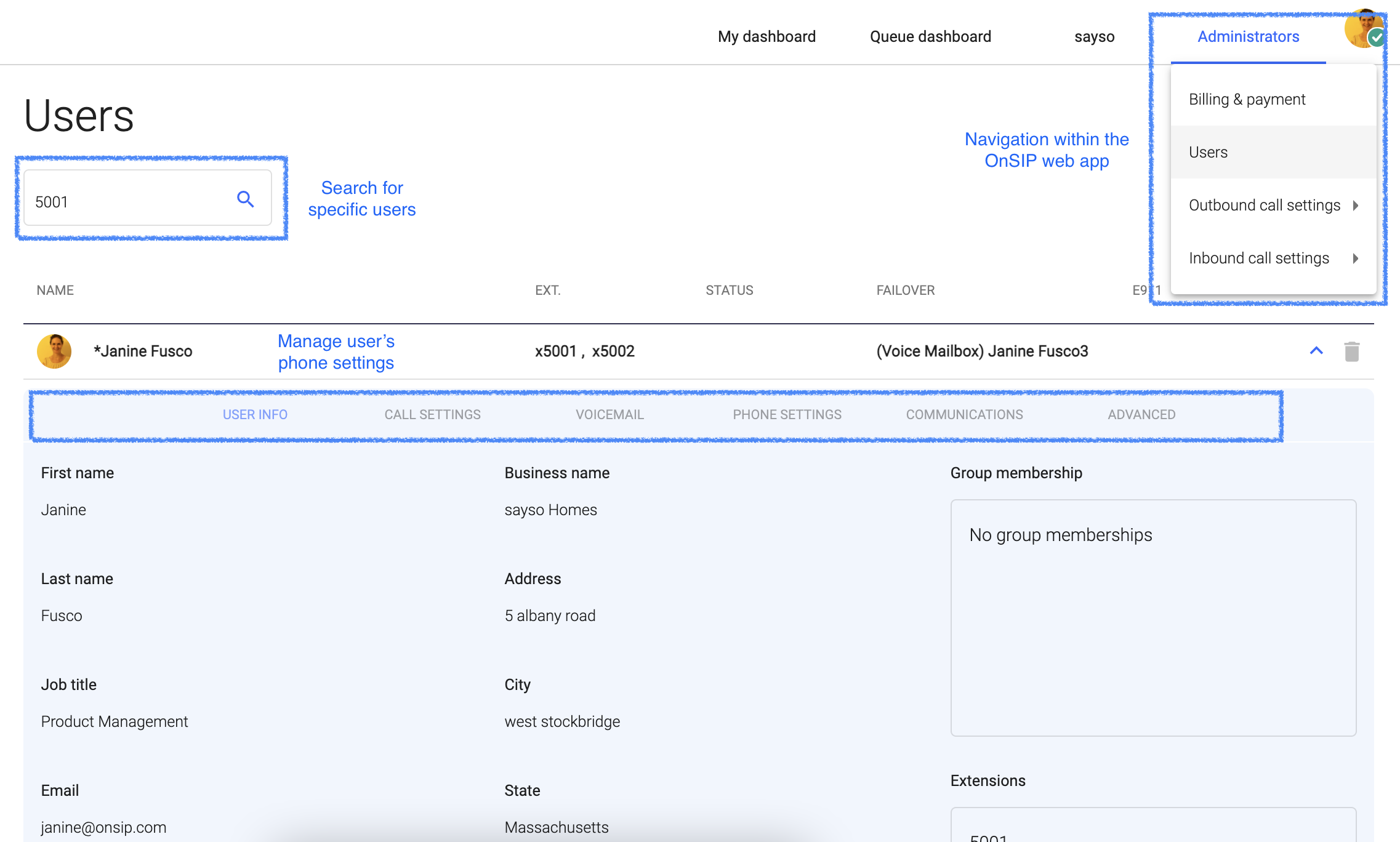 SIP account credentials displayed in the OnSIP web app.