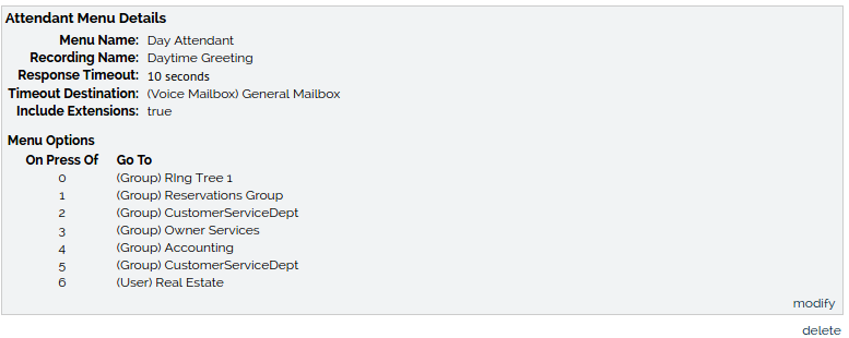 Screenshot of an auto attendant menu options in the OnSIP admin portal.