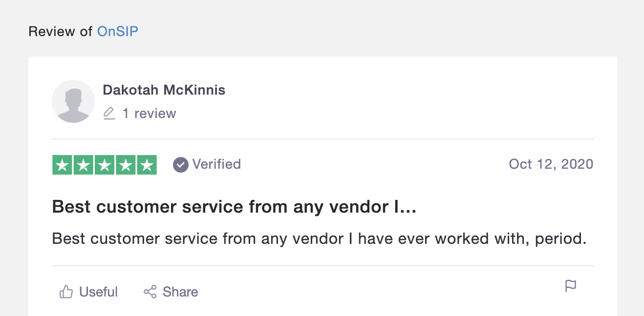 Screenshot of Trustpilot review on the OnSIP Customer Success team.