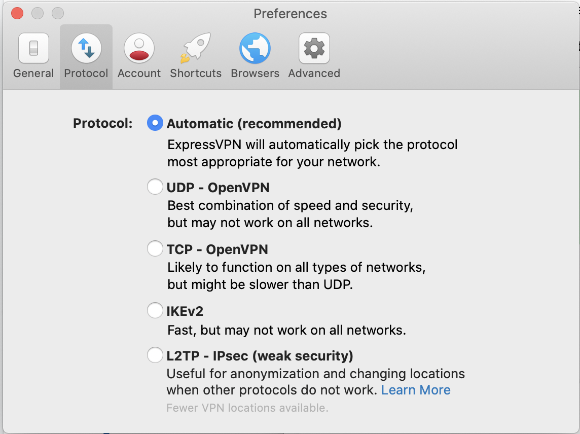 Screenshot of ExpressVPN protocol settings.
