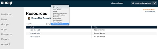 Highlighted blocked phone numbers in the OnSIP Admin Portal.