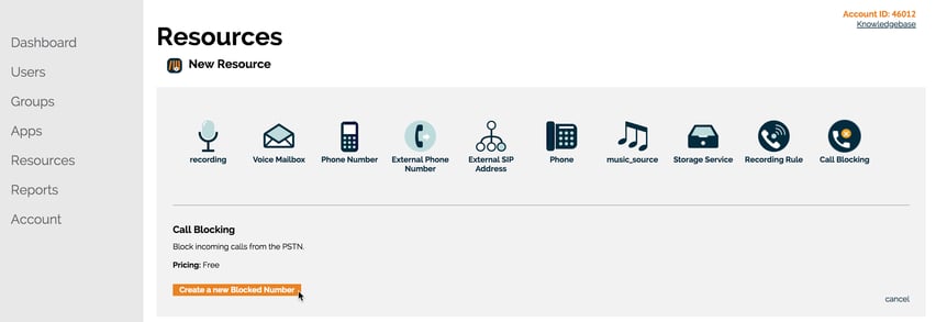 Blocking phone numbers is done on the Resources page of the OnSIP Admin Portal.