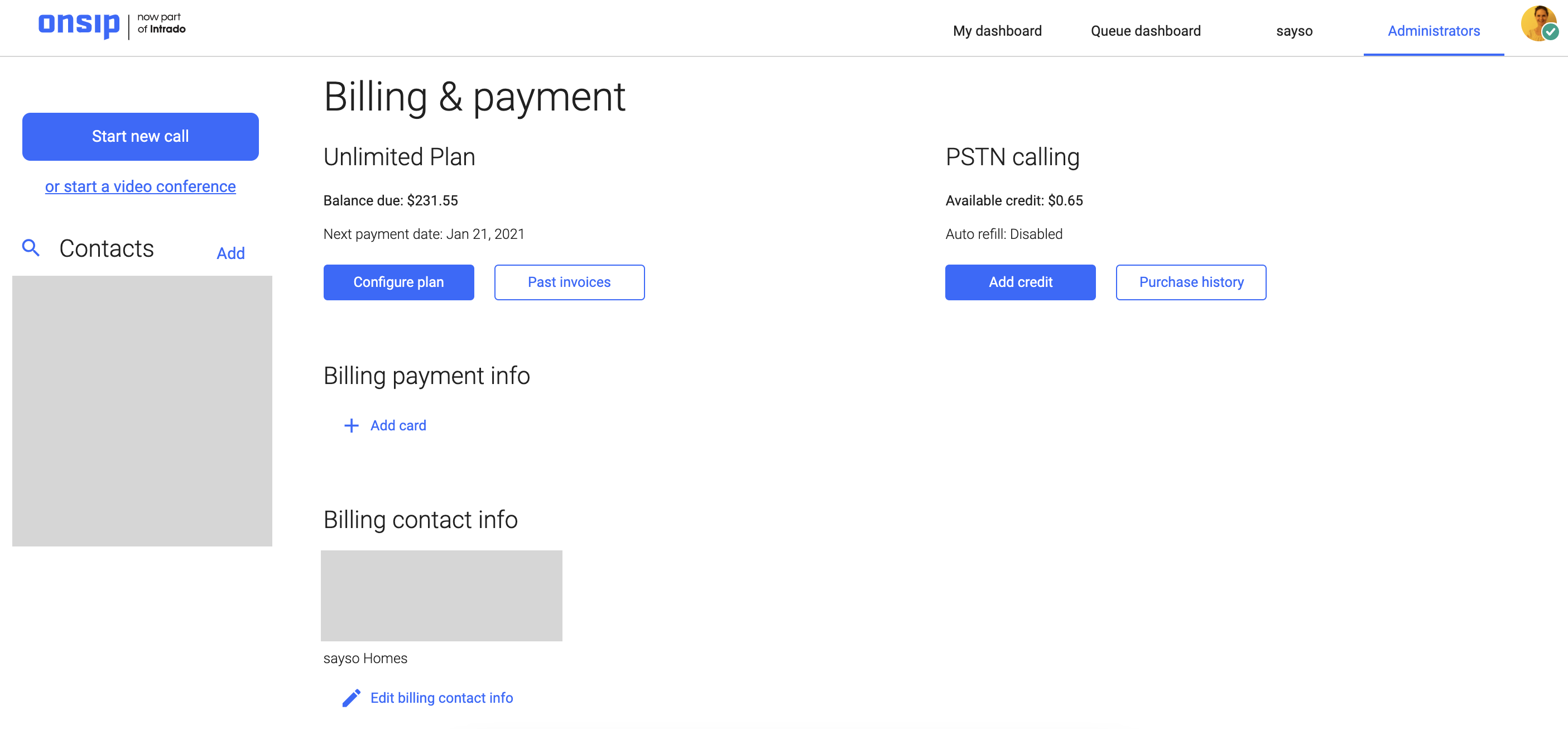 Screenshot of OnSIP billing and payment information in the Admin Portal.