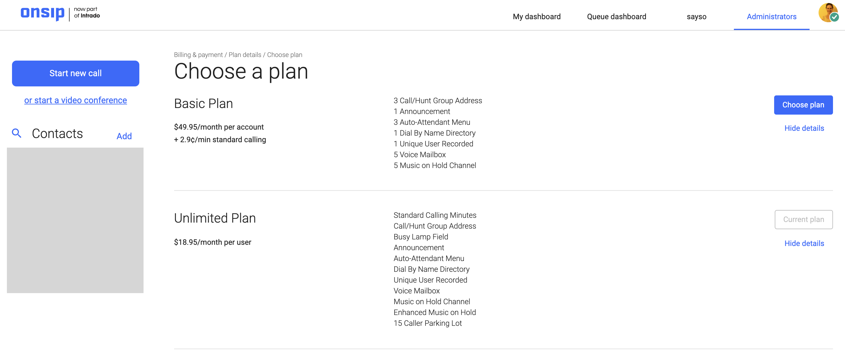 Screenshot of billing plan options in the Admin Portal.