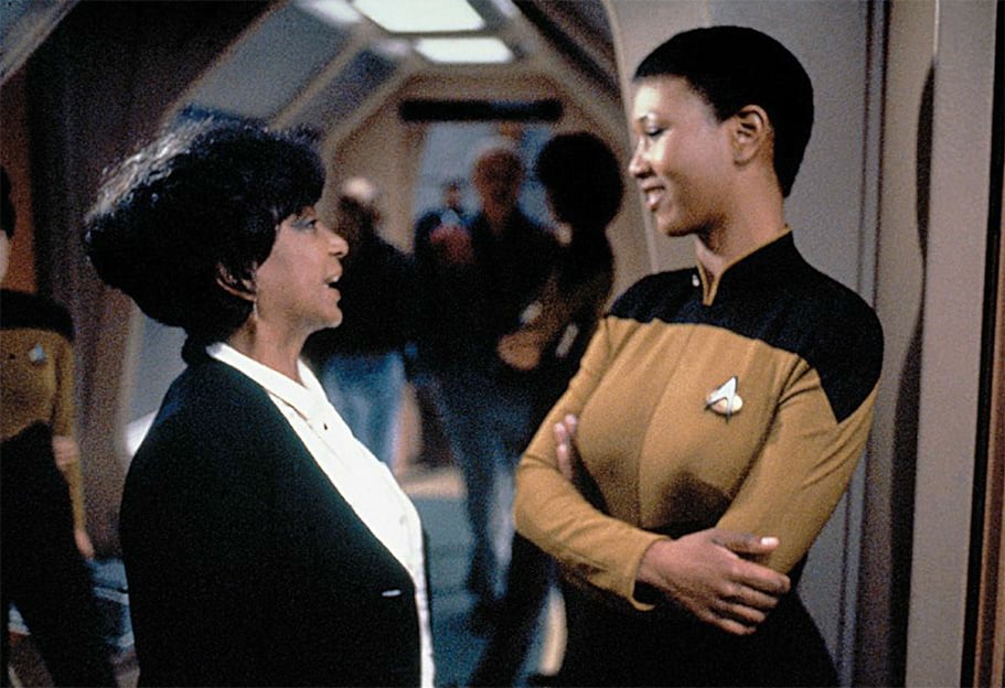 Still of Star Trek star Nichelle Nichols on set of TNG with astronaut Mae Jemison