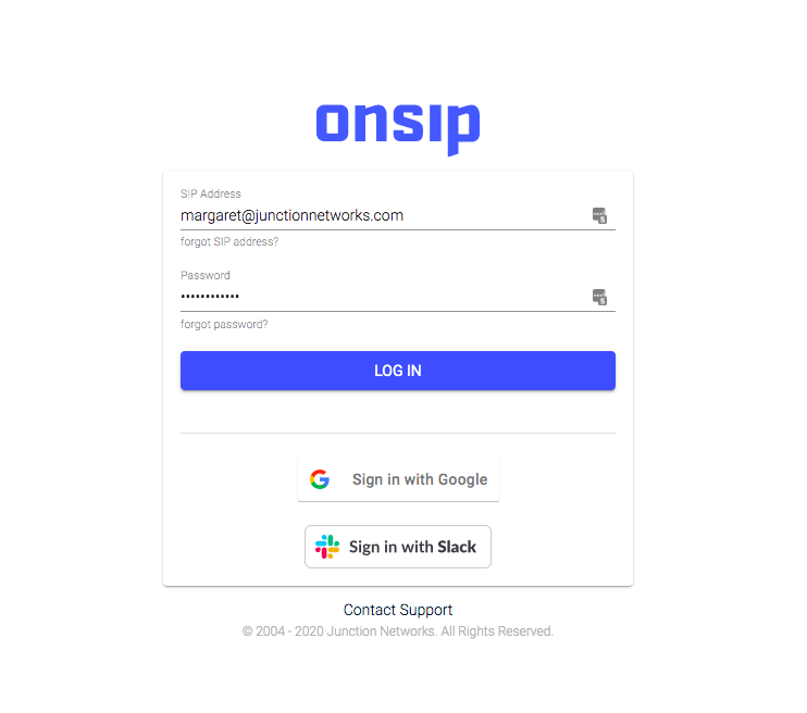 Screenshot of the OnSIP app login page with Slack and Google OAuth options.