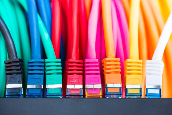 Array of colorful computer phone lines.