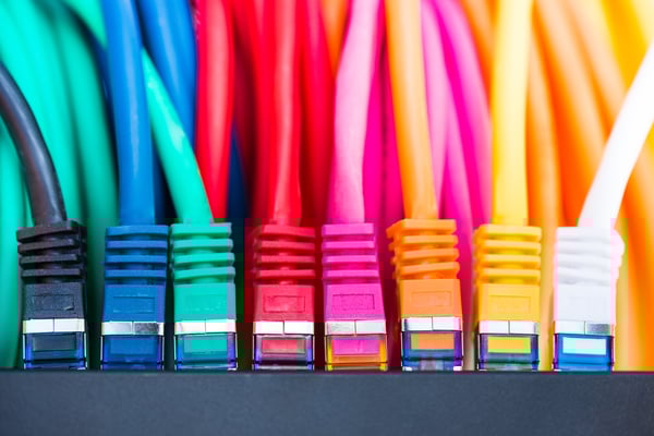 Array of colorful computer phone lines.