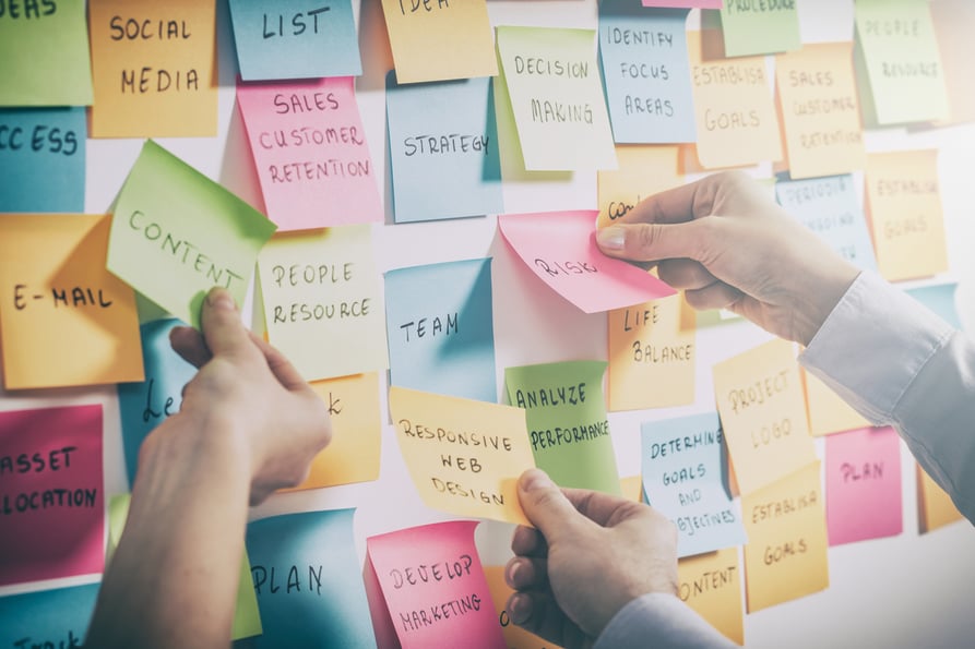 Sticky notes on a white board to help organize brand management exercise.