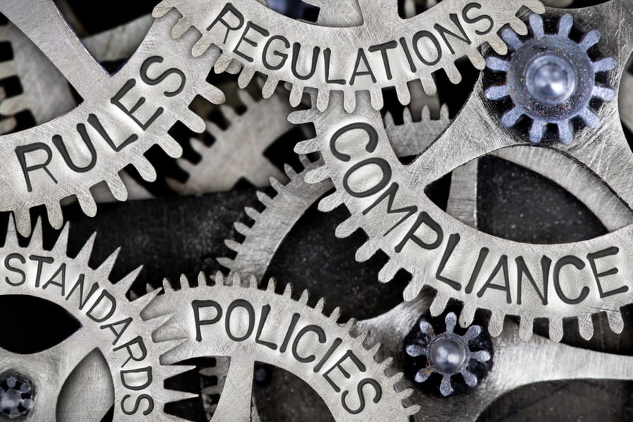 Graphic image of gears showing words like "compliance" and "regulations."