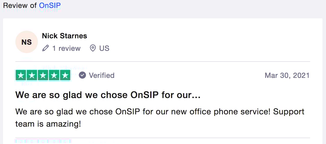 Customer review of OnSIP on Trustpilot