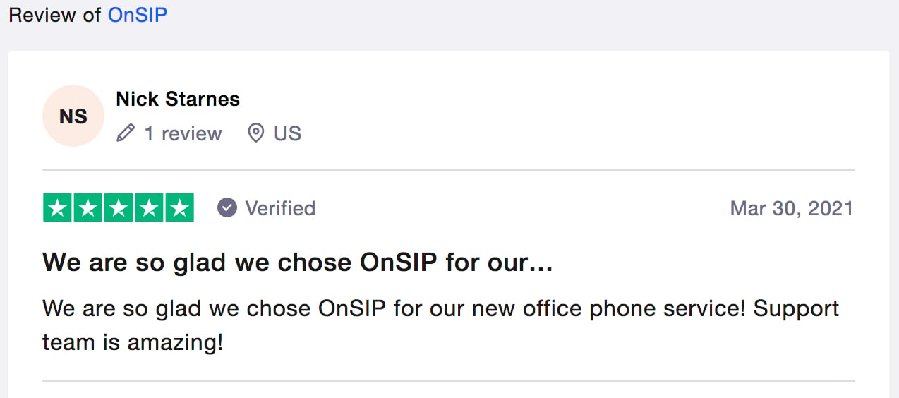 Customer review of OnSIP on Trustpilot