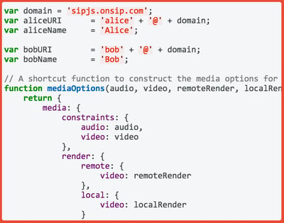 Screenshot of SIP.js code, which uses JavaScript.