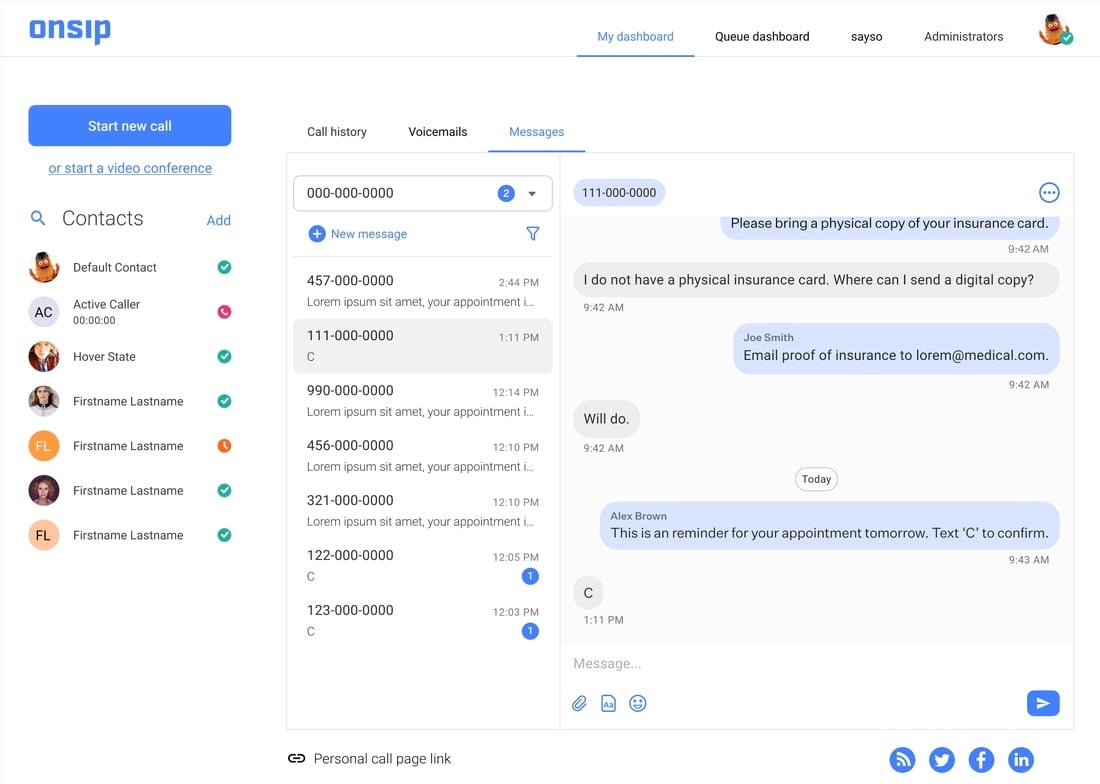 Screenshot of the SMS messaging section in the OnSIP desktop app.