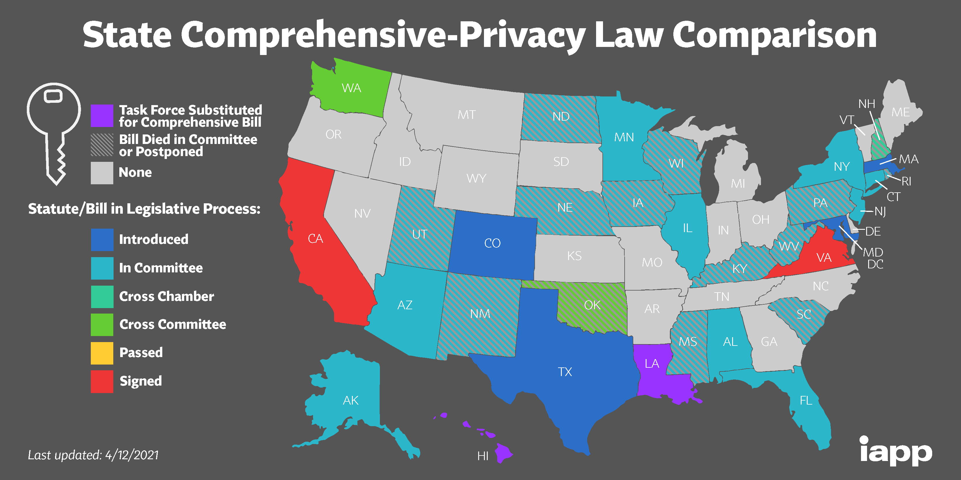 A map of the United States color coded to show which states are working on comprehensive data privacy laws