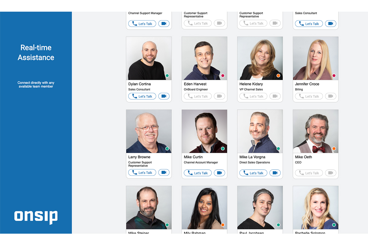 Screenshot of OnSIP Team Pages, displaying business staff pictures on a webpage.