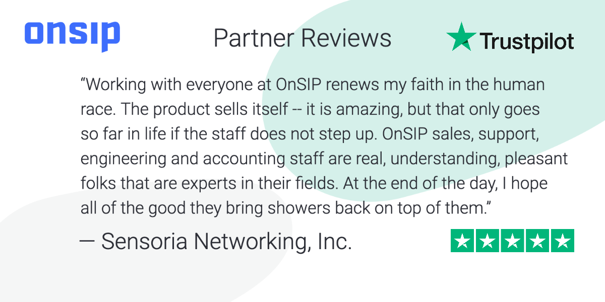 A Trustpilot review praising the OnSIP staff for excellent service.