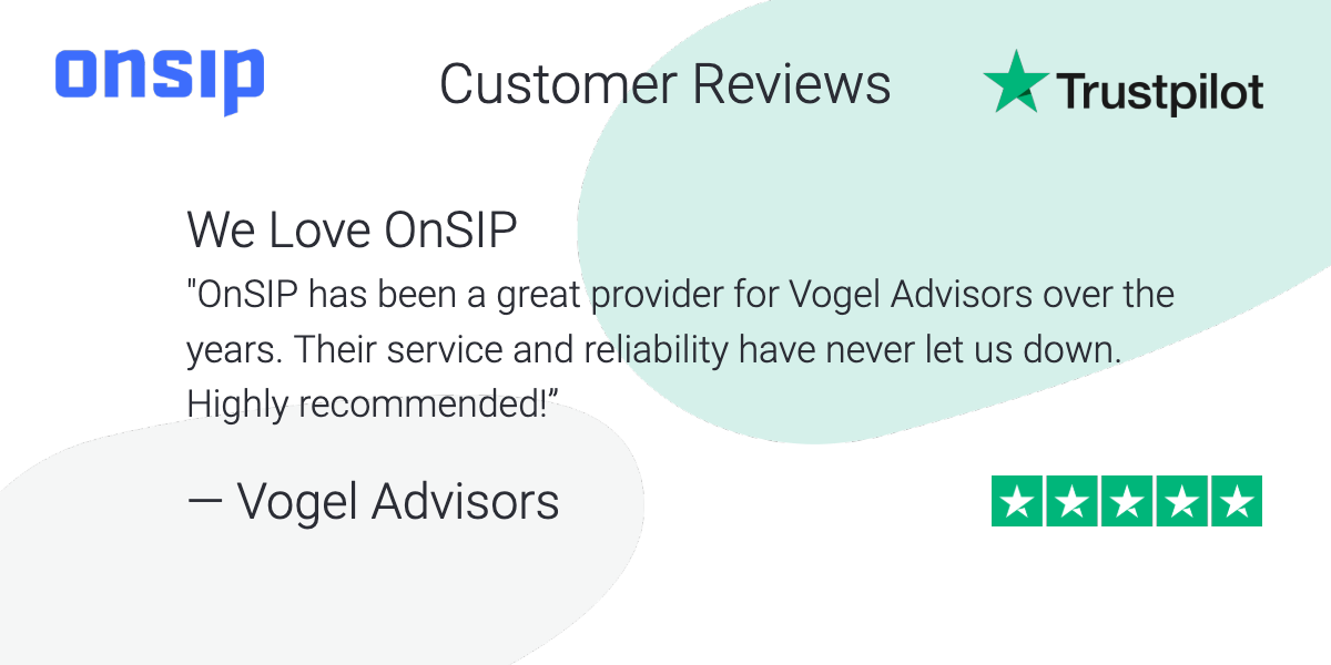 Graphic showing a customer review of OnSIP highlighting our service and reliability