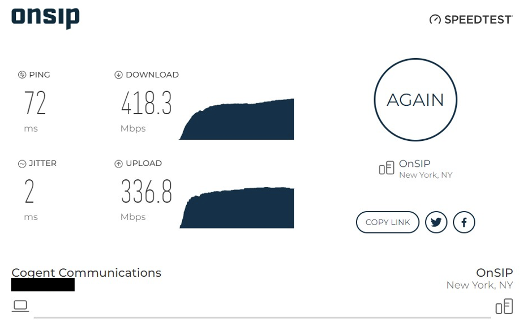 Screenshot of OnSIP's free VoIP Speed Test.