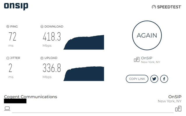 Screenshot of OnSIP's VoIP speed test