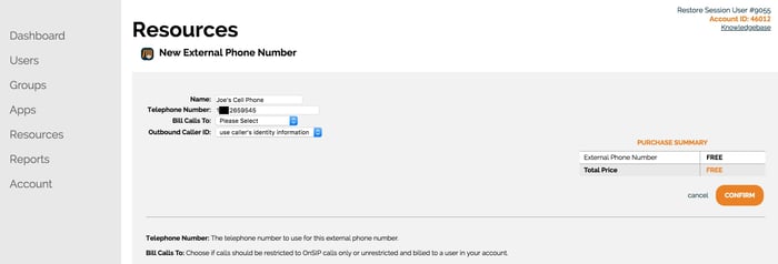 Enter your external phone number into the OnSIP Admin Portal, and give it a unique name.