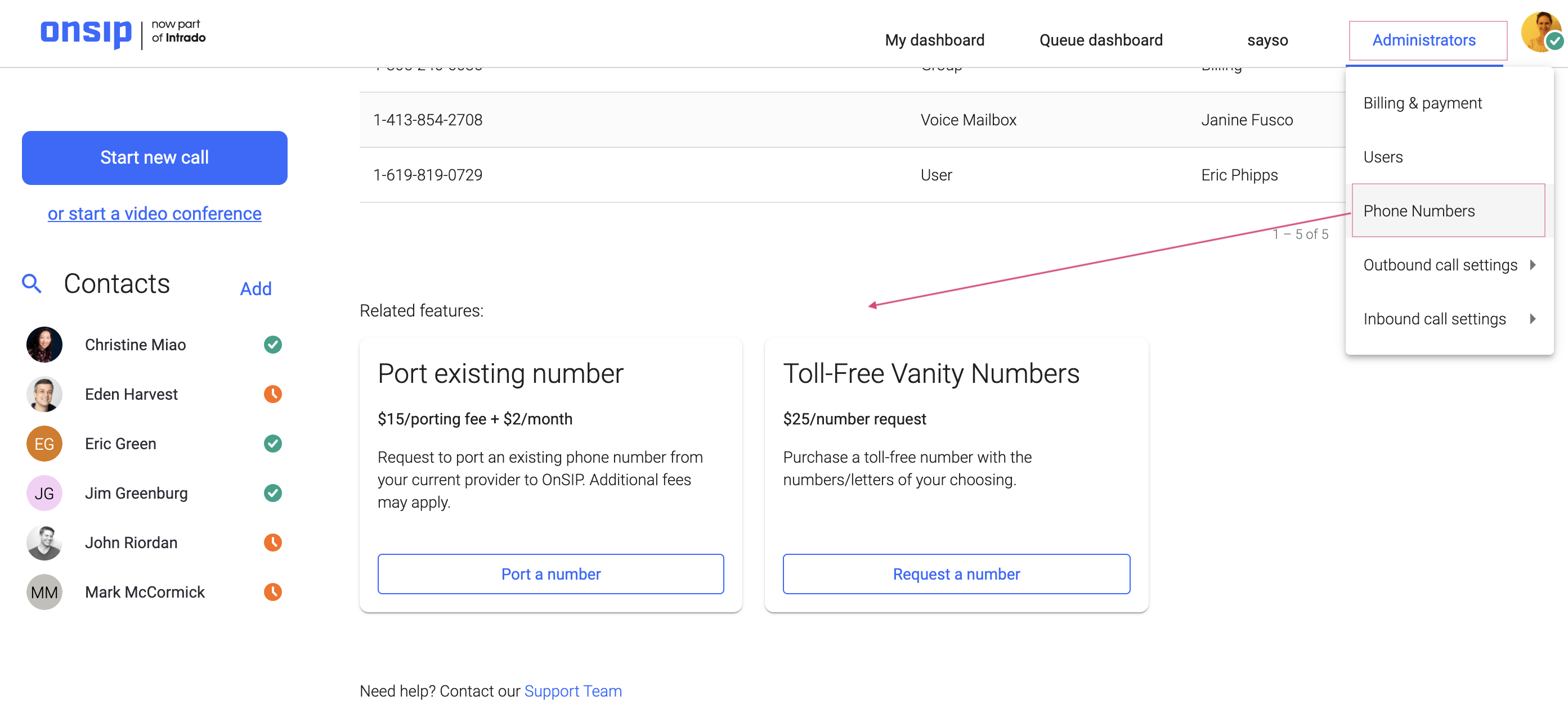 Screenshot of OnSIP's new web app admin portal, phone number overview.