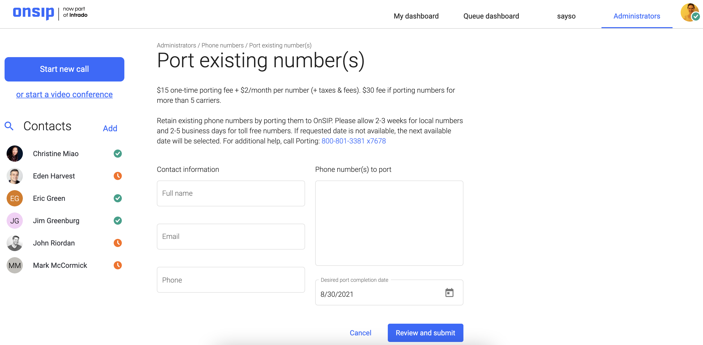 Screenshot of OnSIP's new web app admin portal, porting request.