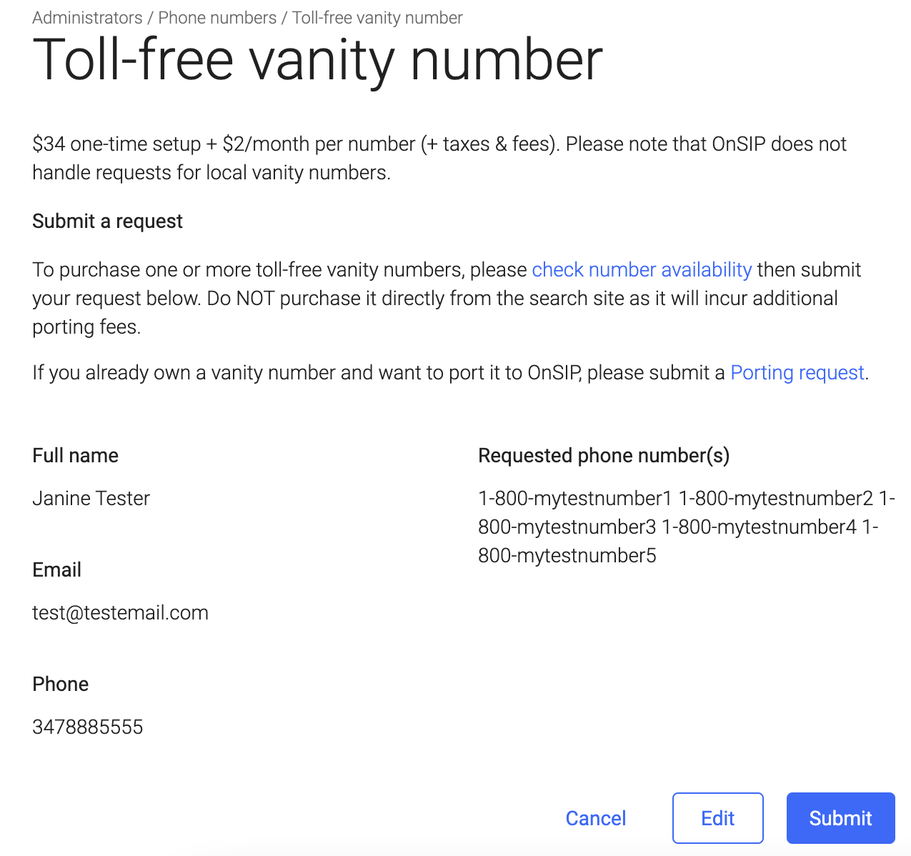Screenshot of OnSIP's new web app admin portal, vanity number request form