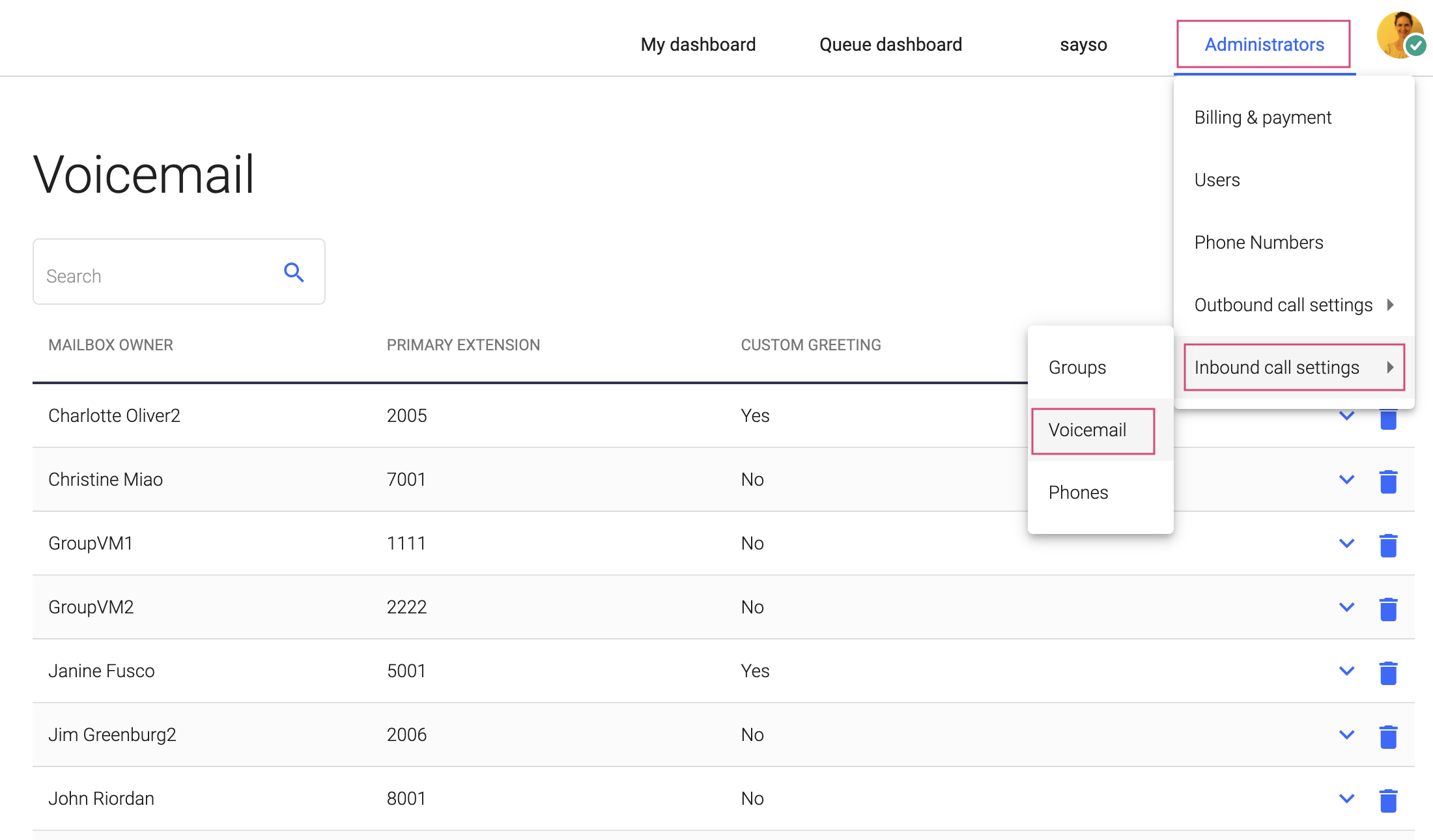 Screenshot of OnSIP's new web app admin portal, voicemail overview.