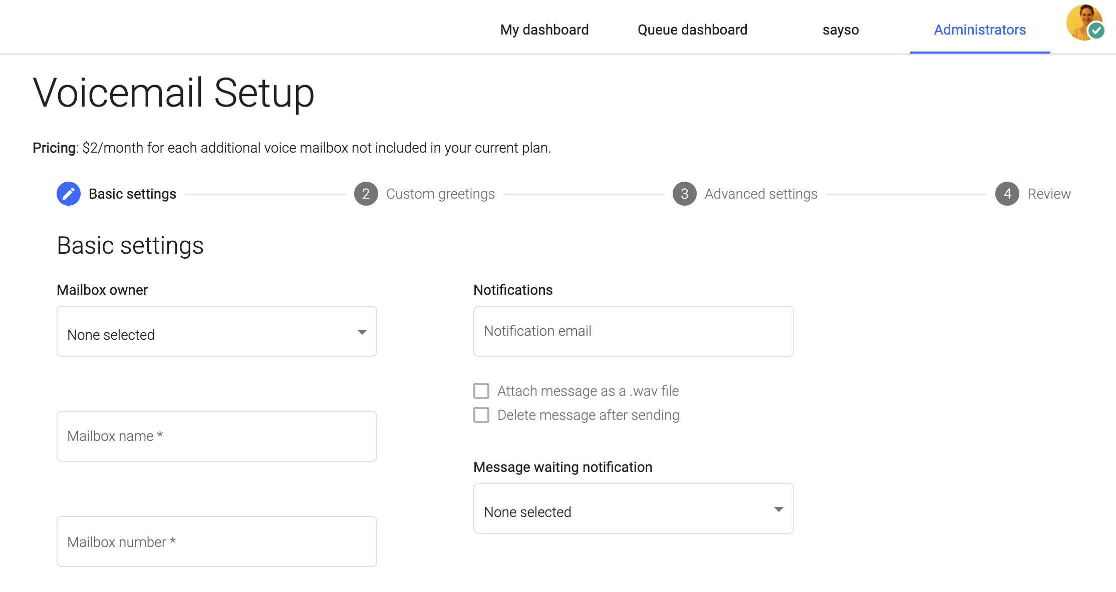 Screenshot of OnSIP's new web app admin portal, voicemail setup