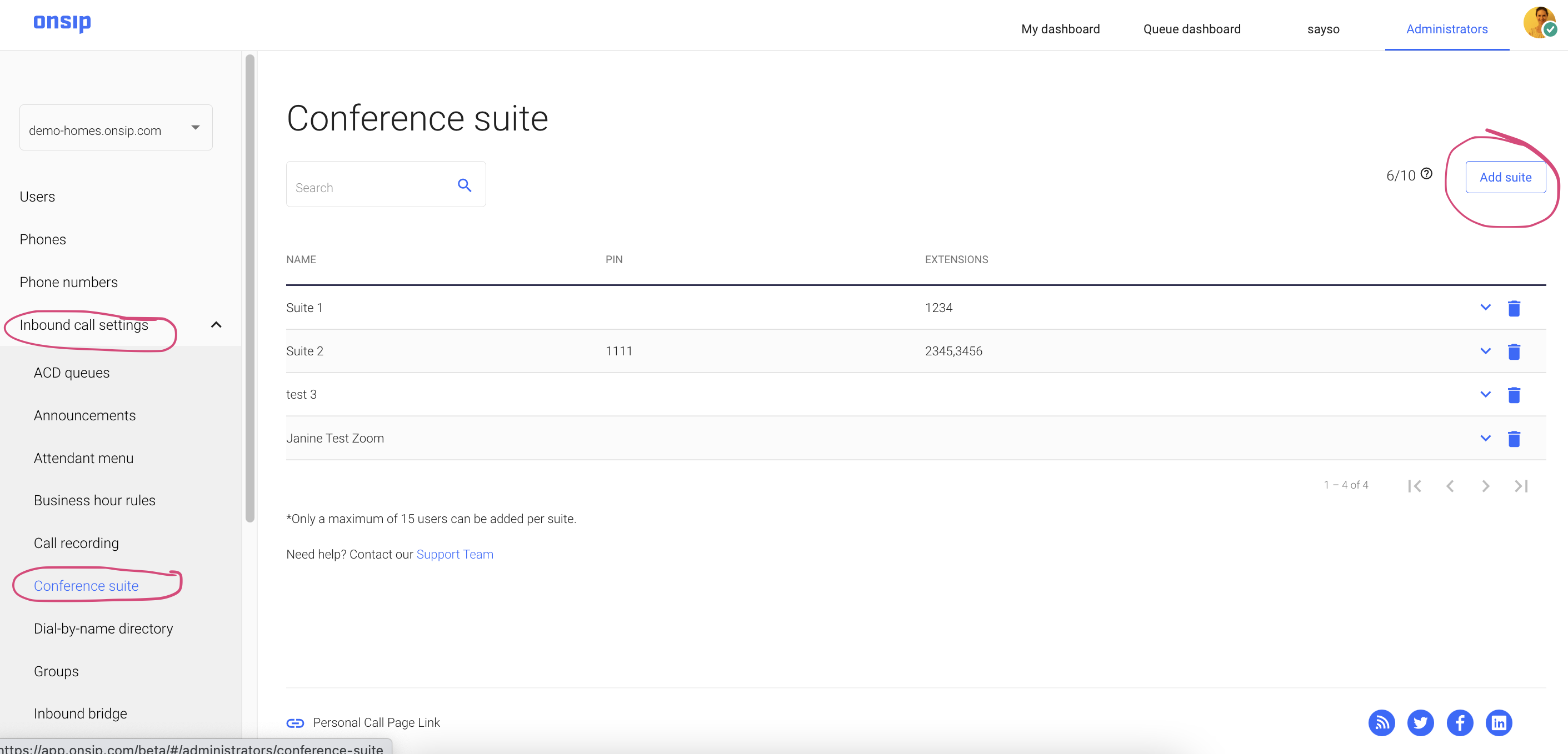 Screenshot of how to create an on net conference suite in the OnSIP web app.