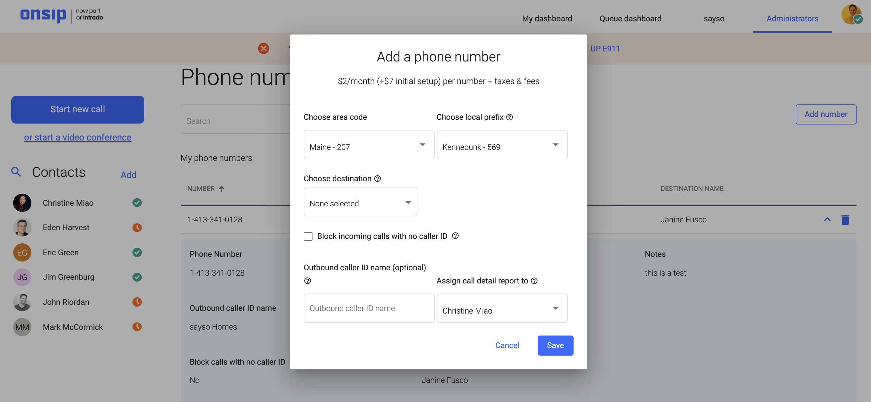 Screenshot of OnSIP Screenshot of the OnSIP Admin Portal adding phone number.