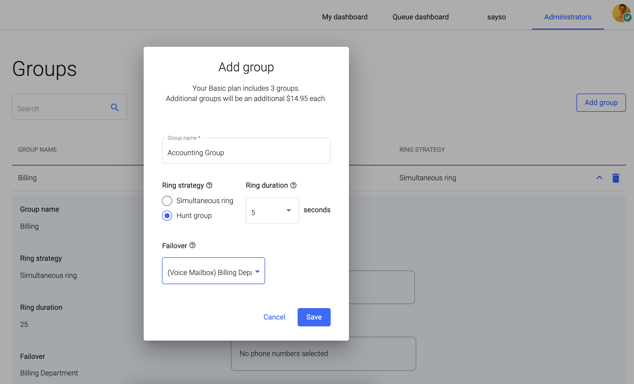 screenshot of admin portal adding ring groups