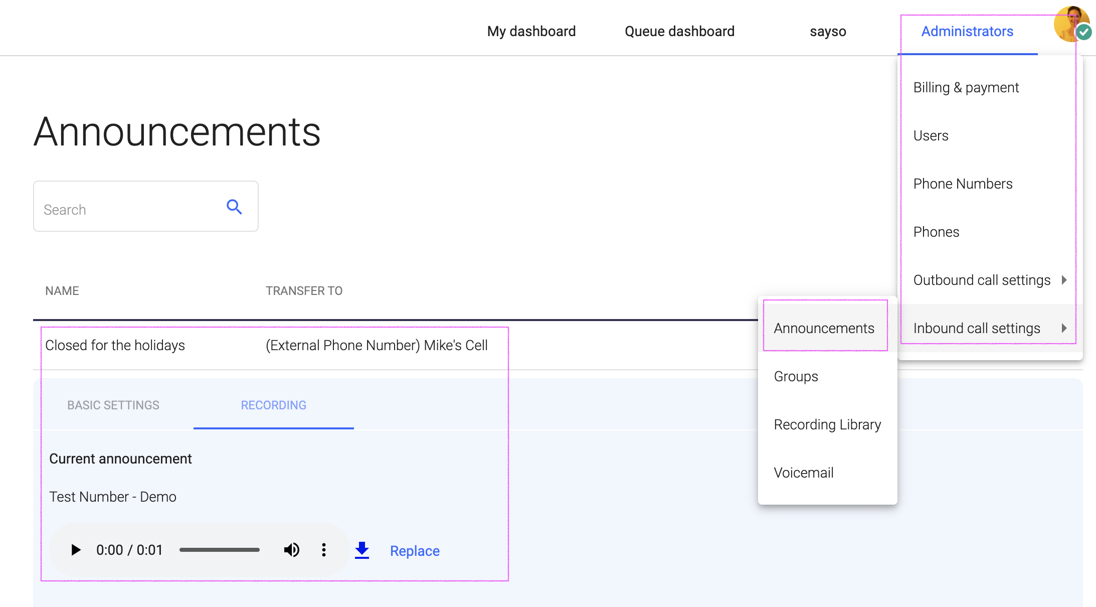 Screenshot of admin portal Announcements screen