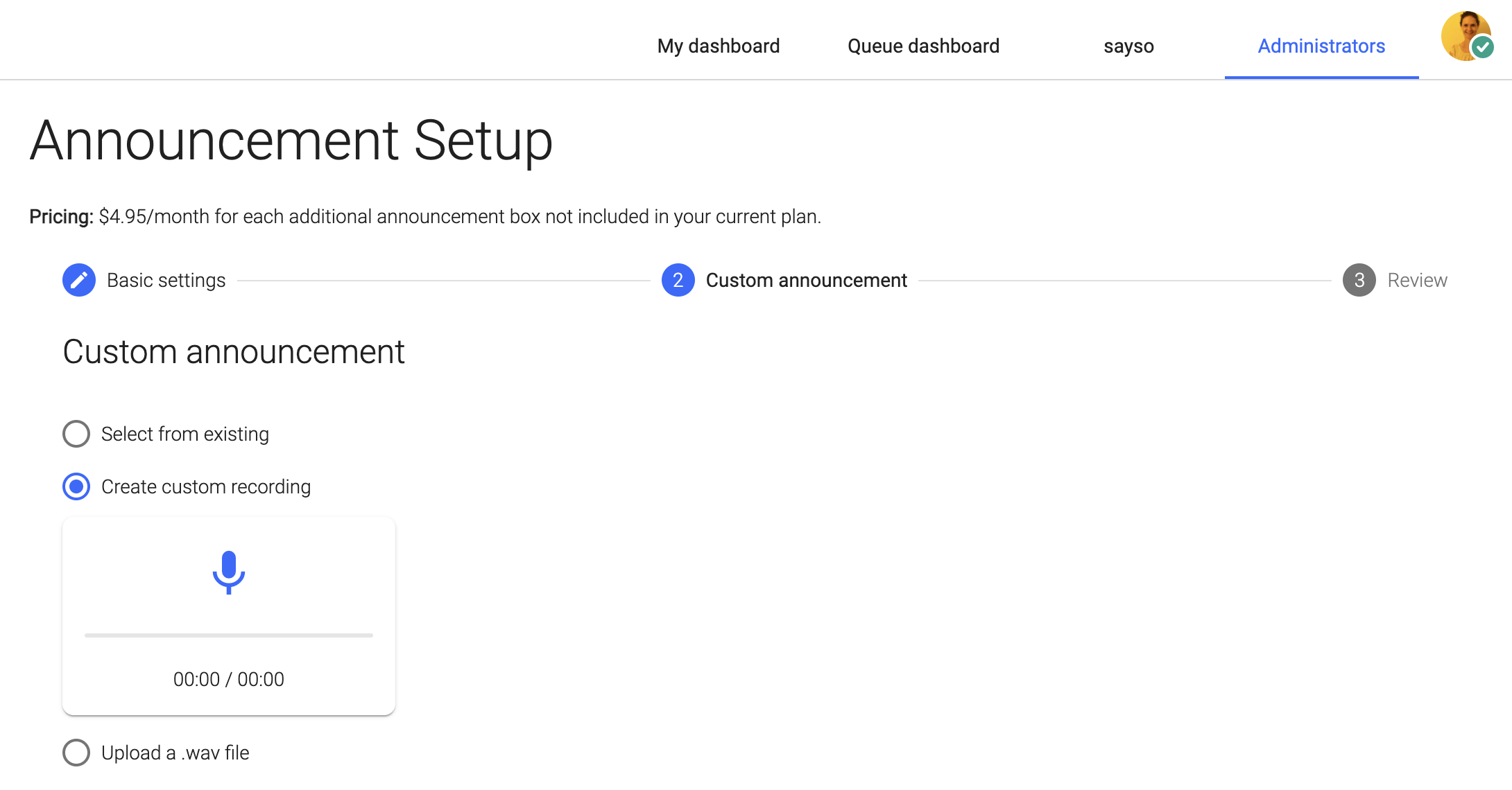 Screenshot of admin portal announcement setup