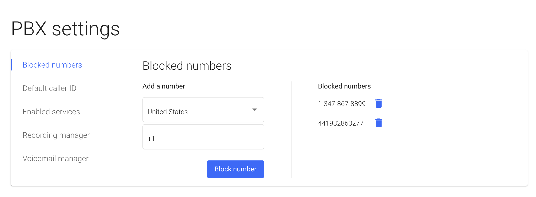 Screenshot of blocked numbers in the OnSIP softphone app.