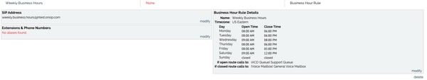 Screenshot of OnSIP's Business Hour Rule screen in the Admin Portal.