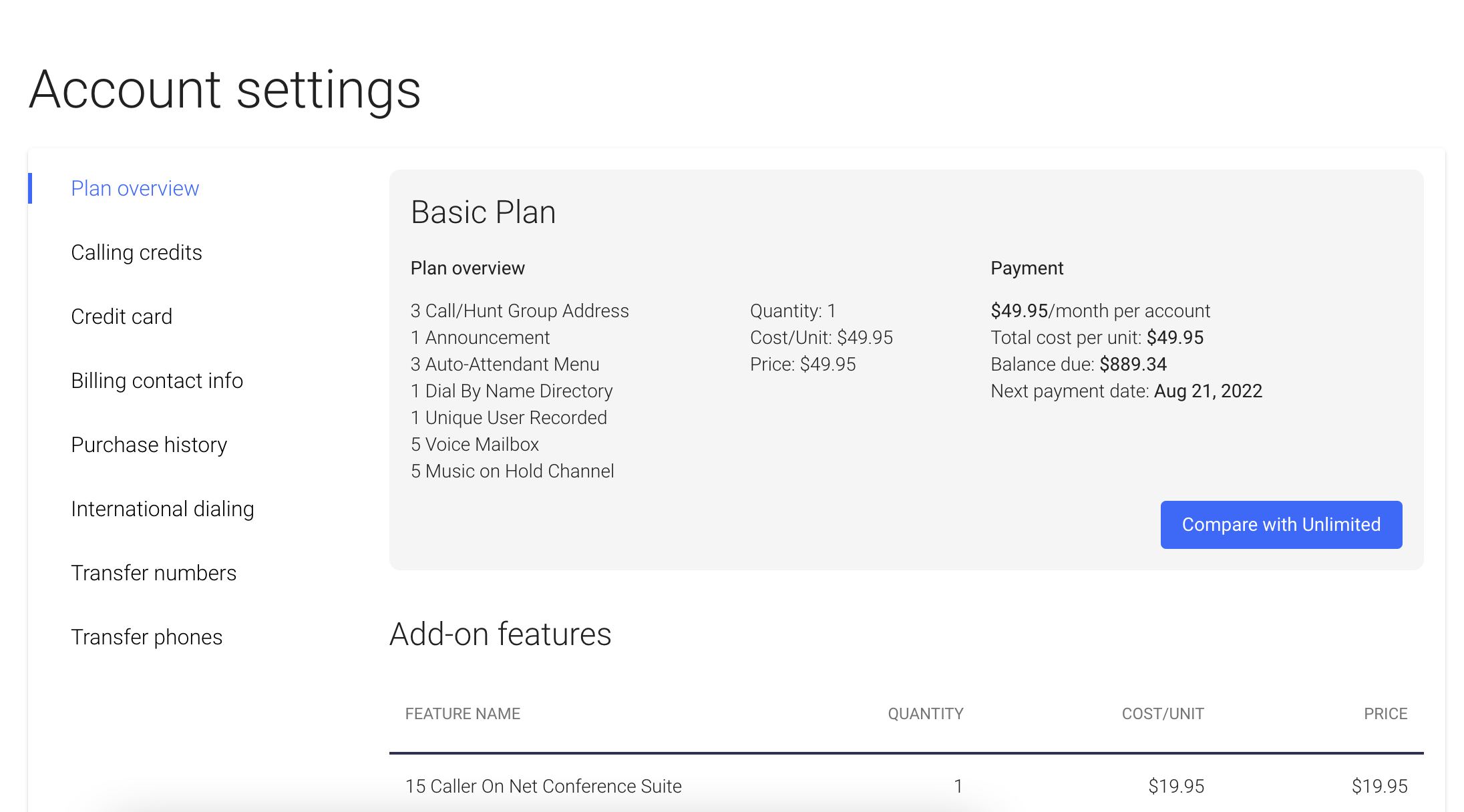 Screenshot of the Compare Plans feature in the OnSIP web app.