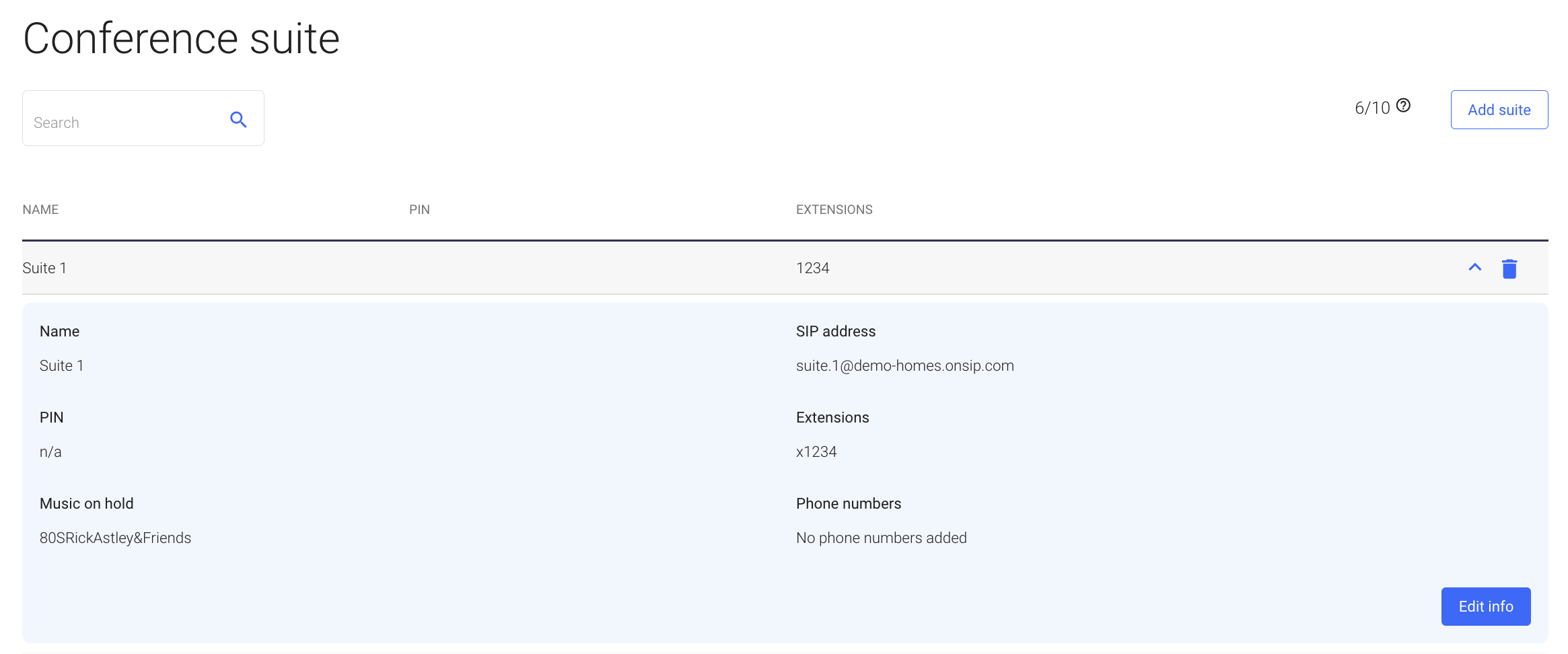 Screenshot of the settings of a conference suite in the OnSIP web app.