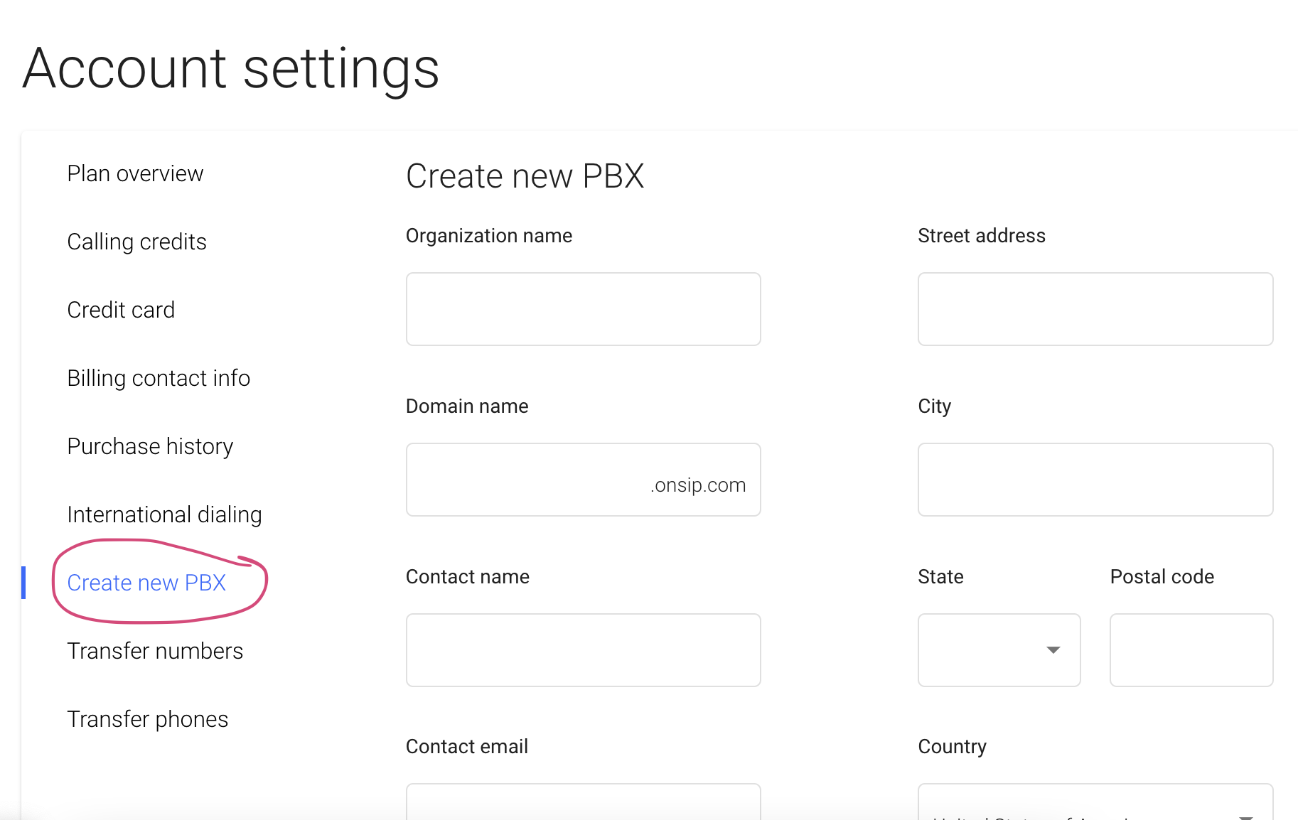 Screenshot of how to create a new PBX in the OnSIP web app.